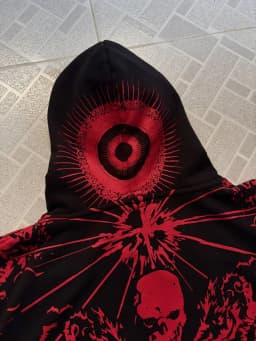 Mens Loose Long Sleeve Streetwear Hooded Sweatshirt Gothic Black Full Zip Hoodie Red Skull Heart Pattern Print and Letter Design