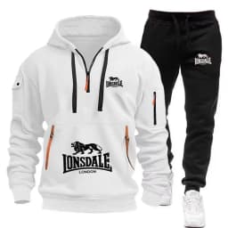 2026 New LONSDALE Autumn and Winter Men's Hooded Sweatshirt Set Kangaroo Pocket Sweatshirt Sports Pants Two-Piece Set Fleece