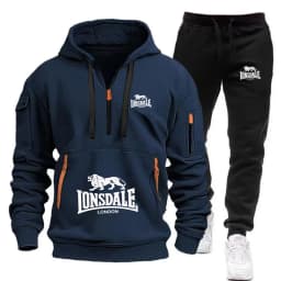 2026 New LONSDALE Autumn and Winter Men's Hooded Sweatshirt Set Kangaroo Pocket Sweatshirt Sports Pants Two-Piece Set Fleece