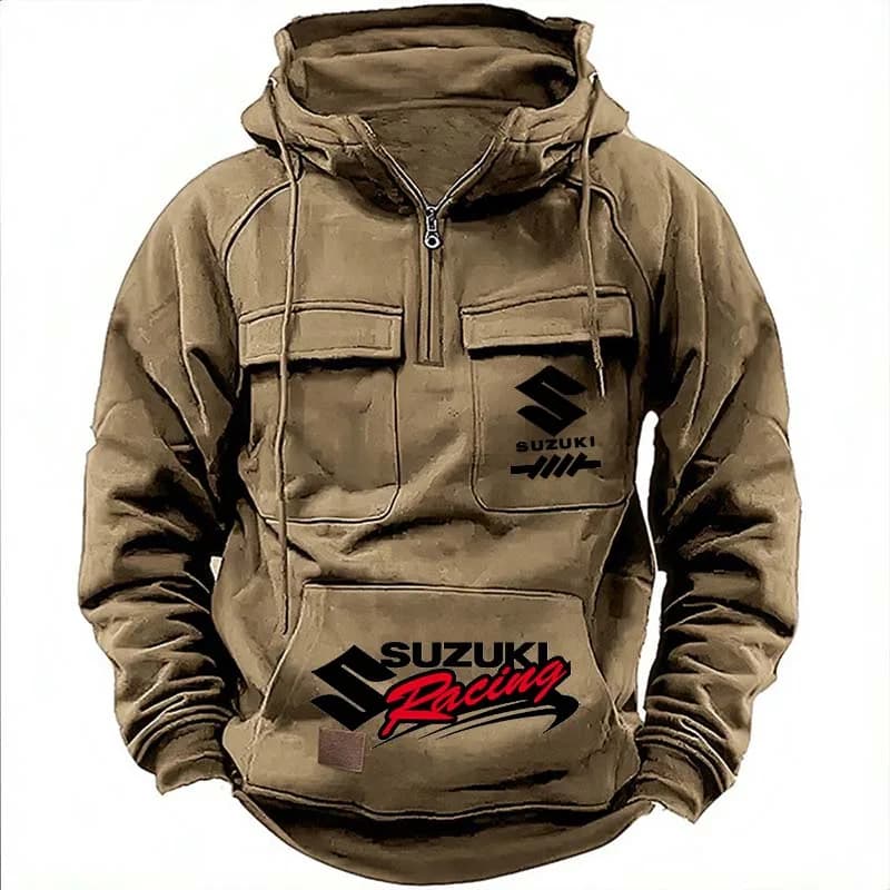 Suzuki Racing Logo Motorcycle Racing 2026 New Men's Multi Pocket Zipper Outdoor Sports Hoodie