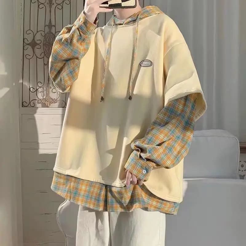 Fake Two-piece Patchwork Hooded Sweatshirt For Men Autumn Loose Long Sleeved Hoodie Tops Streetwear Hong Kong Style Fashion Coat