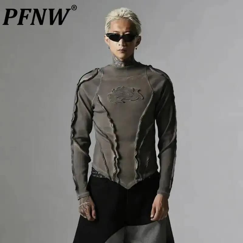 PFNW Fashionable Washed Distressed Slim Fit Top Men's Round Neck Casual Long Sleeved T-shirt 2026 Spring New 28L1595
