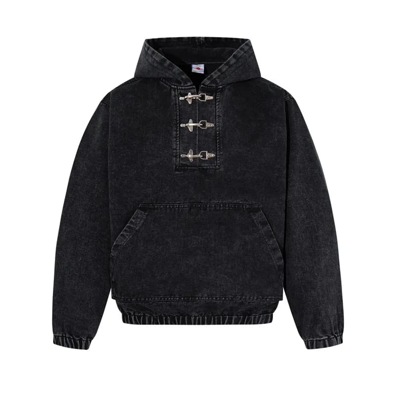 American Retro Half Open Airplane Buckle Hooded Sweatshirt for Men Y2k Korean Fashion High Street Loose Denim Hoodie Pullover