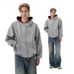 2026 Autumn Winter New Korean Style Men High Street Casual Zip Up Hoodie Jacket Fashion Contrast Hooded Loose Sweatshirt Coat