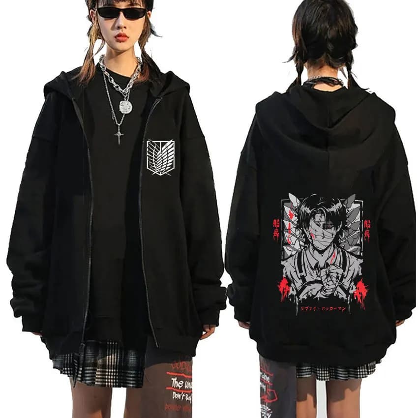 Anime Attack on Titan Levi Ackerman Face Graphic Zipper Hoodie Men Cartoon Manga Merch Zip Up Jacket Men's Oversized Streetwear