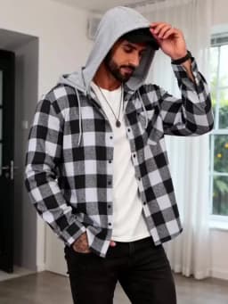 Mens Colorful Plaid Hooded Cardigan Color Block Sweatshirt with Pockets Top Jacket