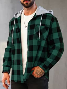 Mens Colorful Plaid Hooded Cardigan Color Block Sweatshirt with Pockets Top Jacket