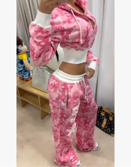 Y2K Retro pink two-piece sportswear hip hop sexy camouflage short hoodie women street clothing new casual sports pants