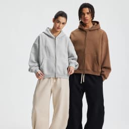 2026 Autumn/Winter Velvet Short Double Zipper Cardigan Hoodie Solid Color Cotton Fleece Mens Zip Up Hooded Pullover Sweatshirt