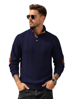 Men's Jacquard POLO Shirt Henry Neck Long Sleeve Patch Embroidered Pullover Casual Men's Sweater Men's