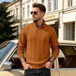 Men's Jacquard POLO Shirt Henry Neck Long Sleeve Patch Embroidered Pullover Casual Men's Sweater Men's