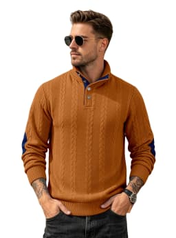 Men's Jacquard POLO Shirt Henry Neck Long Sleeve Patch Embroidered Pullover Casual Men's Sweater Men's
