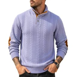 Men's Jacquard POLO Shirt Henry Neck Long Sleeve Patch Embroidered Pullover Casual Men's Sweater Men's
