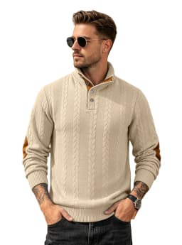 Men's Jacquard POLO Shirt Henry Neck Long Sleeve Patch Embroidered Pullover Casual Men's Sweater Men's