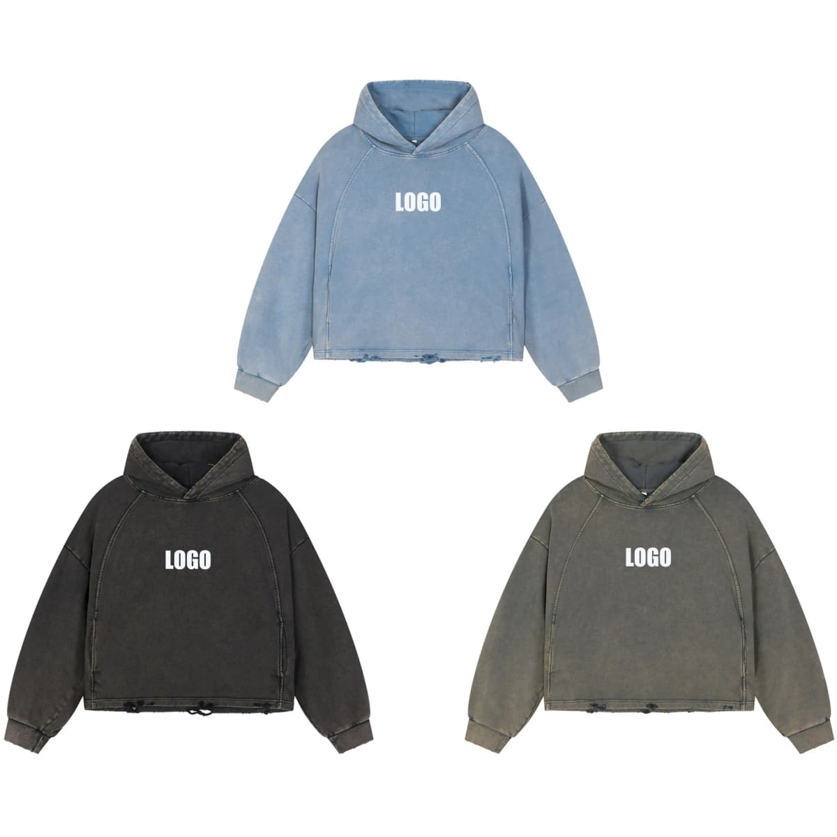 Personalized LOGO custom autumn winter new Boxy version 340g cotton polyester short wide hooded sweater hem tattered old hoodie