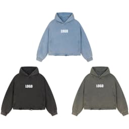 Personalized LOGO custom autumn winter new Boxy version 340g cotton polyester short wide hooded sweater hem tattered old hoodie