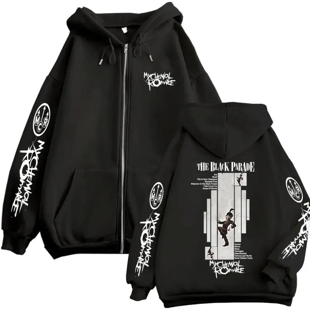 Punk Emo Rock My Chemical Romance The Black Parade Album Graphic Zipper Hoodie Men Women Casual Vintage Oversized Zip Up Jacket