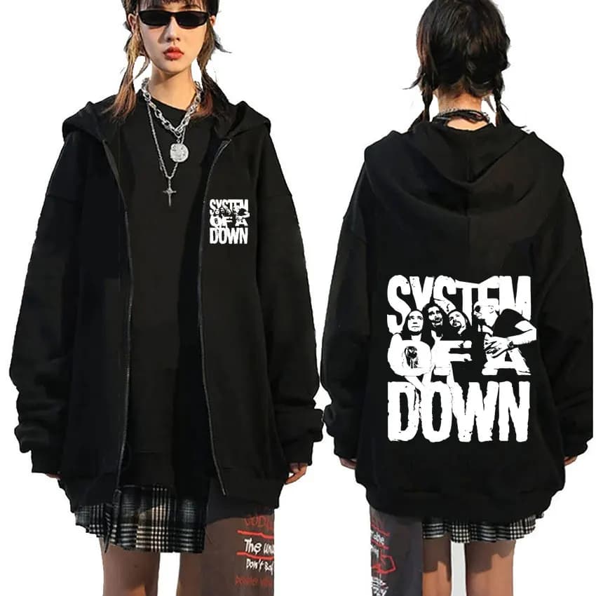 90s Alternative Metal Rock Band System of A Down Graphic Zipper Hoodie Men Women Casual Oversized Zip Up Jacket Man Vintage Coat