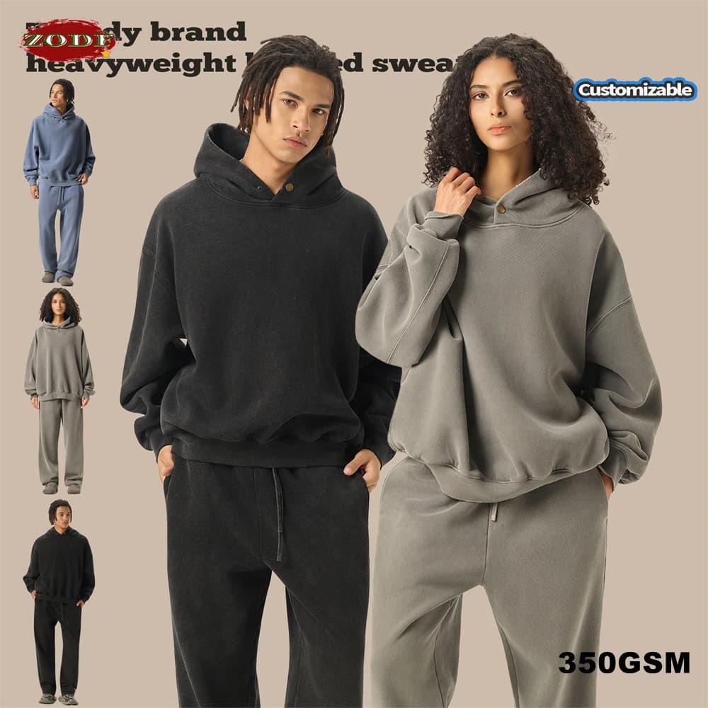 ZODF Vintage 350gsm Man Washed Boxy Fleece Hoodie Unisex Loose Ripped Warm Button Winter Hooded Pullovers Brand Clothing HY0053