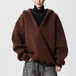 PFNW Autumn Trendy Men's Loose Fake Two-Piece V-Neck Hooded Sweatshirt 2025 Korea Fashion Solid Color Male Tops