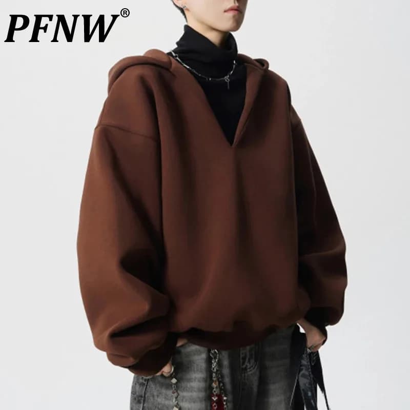 PFNW Autumn Trendy Men's Loose Fake Two-Piece V-Neck Hooded Sweatshirt 2025 Korea Fashion Solid Color Male Tops