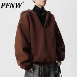 PFNW Autumn Trendy Men's Loose Fake Two-Piece V-Neck Hooded Sweatshirt 2025 Korea Fashion Solid Color Male Tops