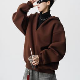 PFNW Autumn Trendy Men's Loose Fake Two-Piece V-Neck Hooded Sweatshirt 2025 Korea Fashion Solid Color Male Tops