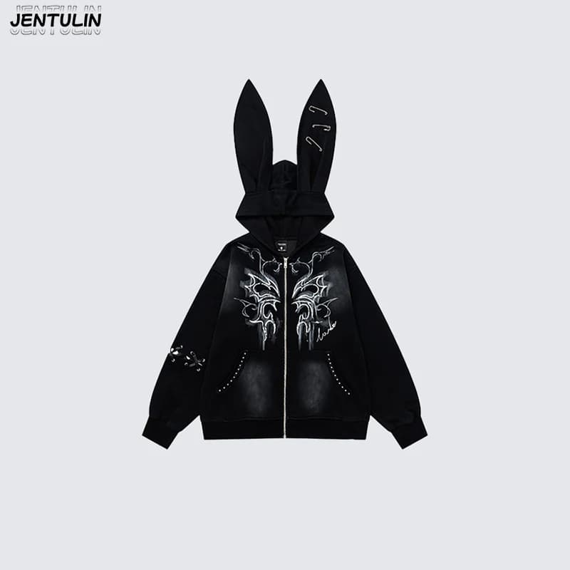 Harajuku Men Y2k Women Dark Subculture Rabbit Ear Hooded Jacket Thorny Butterfly Print Rivet Gradient Loose Hoodie Unisex