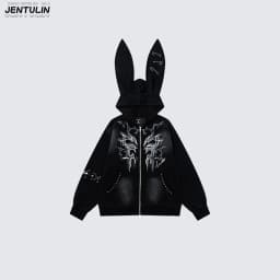 Harajuku Men Y2k Women Dark Subculture Rabbit Ear Hooded Jacket Thorny Butterfly Print Rivet Gradient Loose Hoodie Unisex