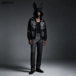 Harajuku Men Y2k Women Dark Subculture Rabbit Ear Hooded Jacket Thorny Butterfly Print Rivet Gradient Loose Hoodie Unisex
