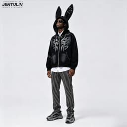 Harajuku Men Y2k Women Dark Subculture Rabbit Ear Hooded Jacket Thorny Butterfly Print Rivet Gradient Loose Hoodie Unisex