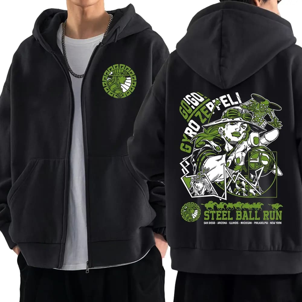 Anime Jojo Bizarre Adventure Zipper Hoodies Gyro Zeppeli STEEL BALL RUN Manga Zip Up Hooded Sweatshirts Men Casual Pullover Coat