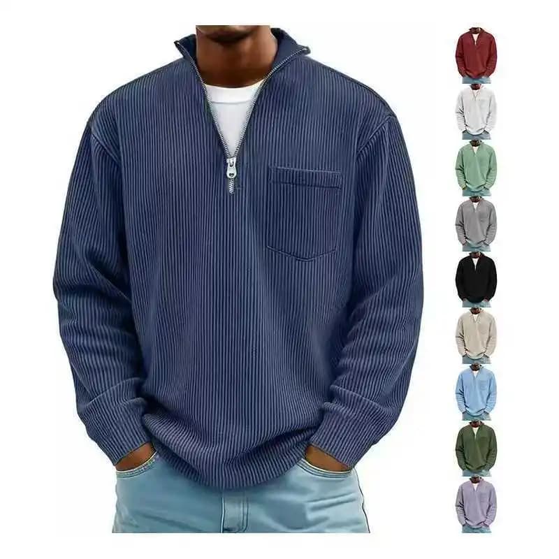 Autumn And Winter New Men's Solid Color Corduroy Long-sleeved Zipper Stand-up Collar Loose Fashion Men's Sweater