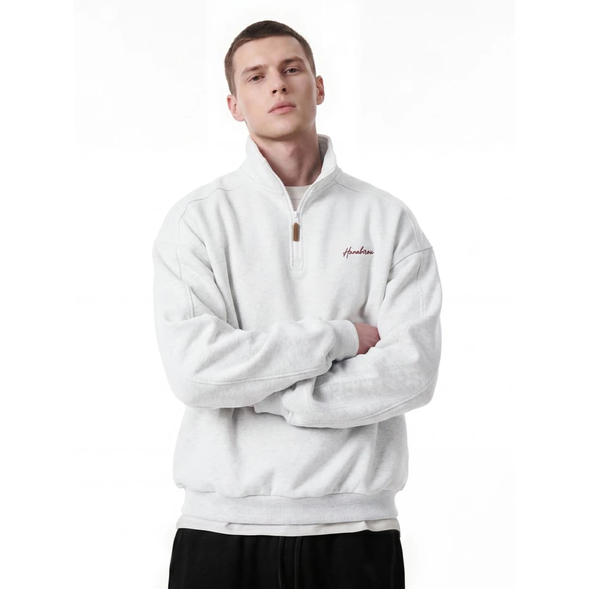 TFETTERS Fall Loose Cotton Half Zip Sweatshirt for Men Heather Gray Stand Collar Minimal Embroidered Casual Tops for Man EU SIZE