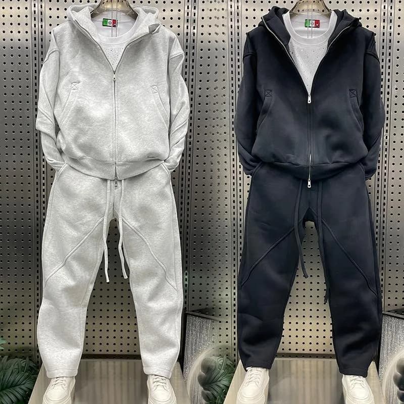 Men's Spring Heavyweight Trendy Sporty Casual Loose Color Two-Piece Hooded Open Cardigan Sweatshirt Set Stylish