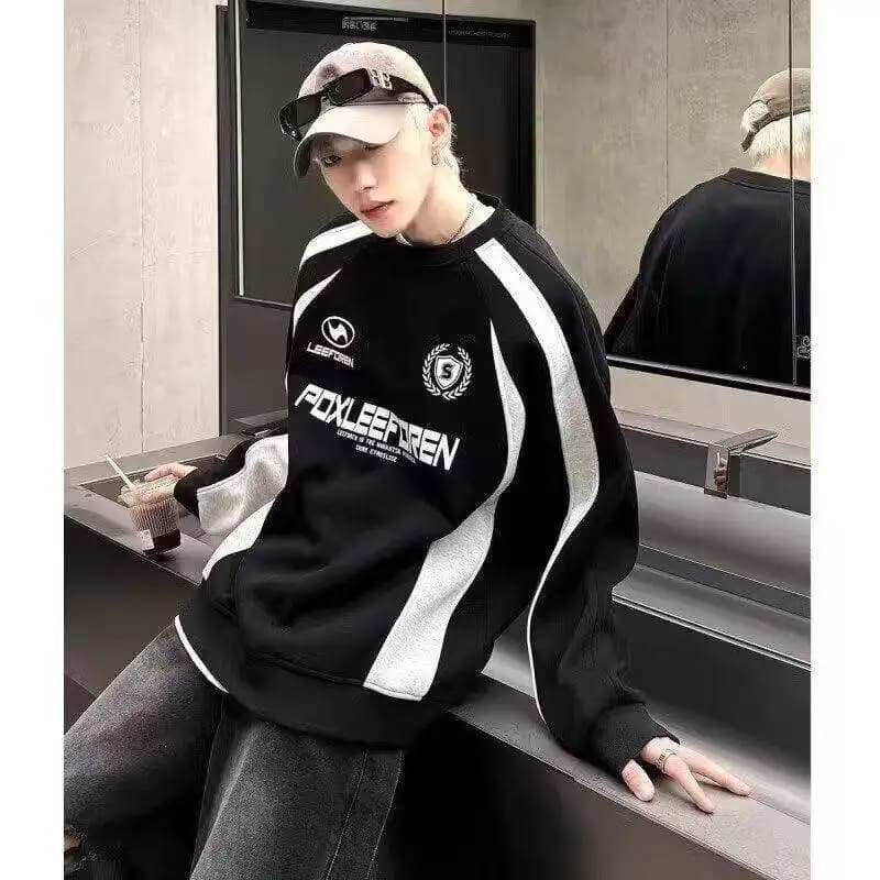 American Style Letter Print Oversized Patchwork Color Block Retro Spring Autumn New Streetwear Sweatshirt Jacket for Youth