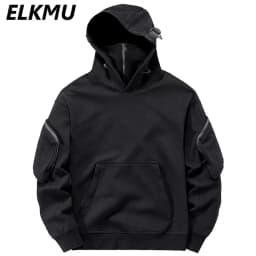 Streetwear Hoodies Harajuku Y2K Hip Hop Sweatshirts High Neck Mask Windproof Pullovers Dark Black Techwear Cargo Tops