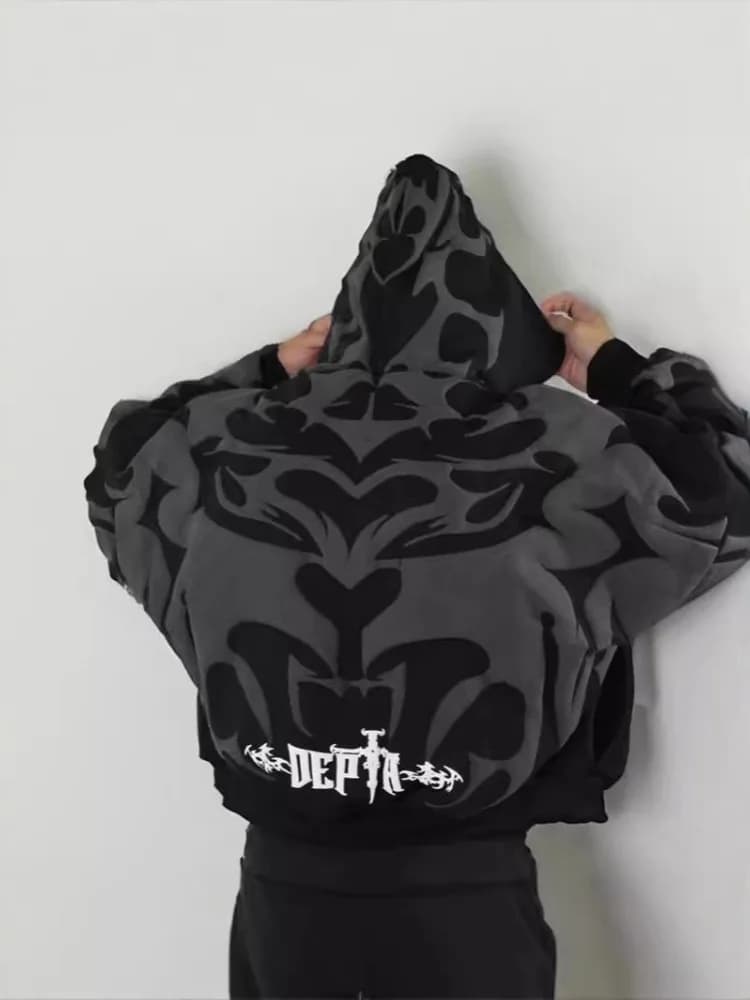 Punk High Street Fashion Destructive Style Zipper Hoodie Men Multi Pocket Embroidered Whisker Design Casual Sweatshirt Autumn