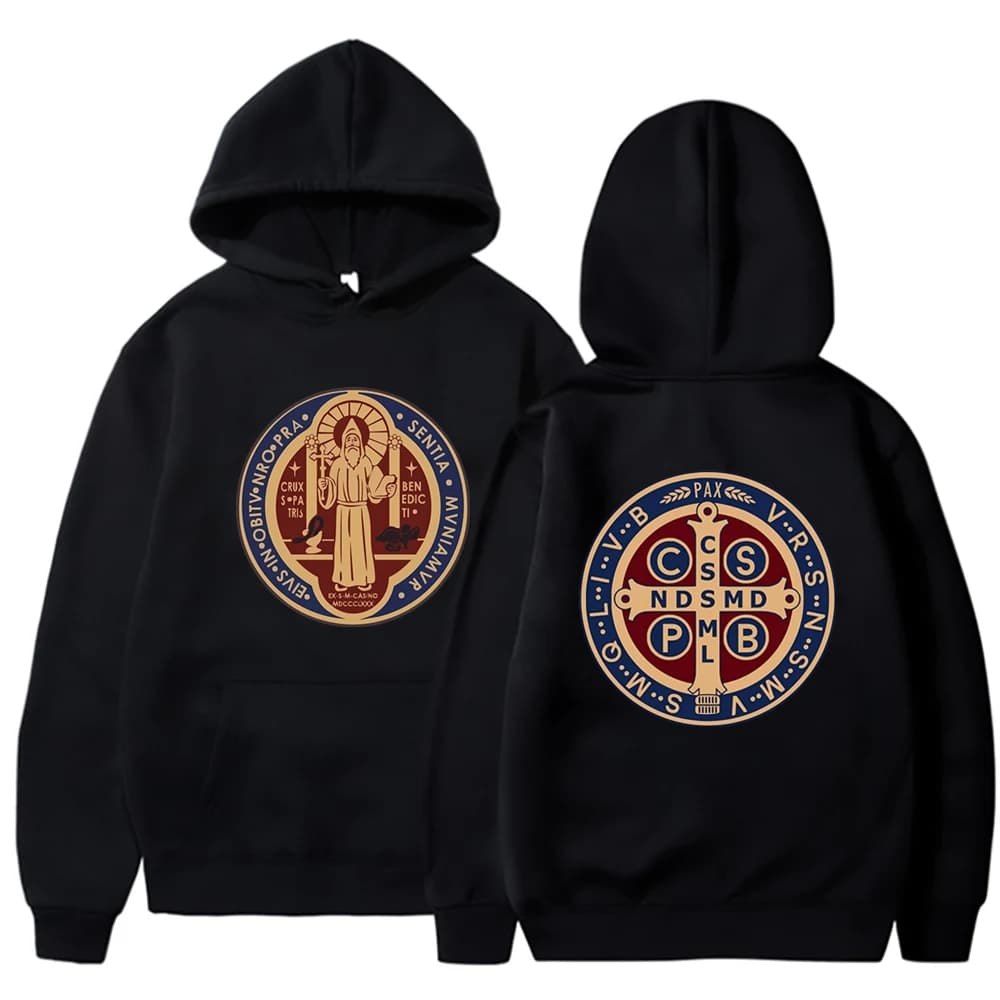The Saint Benedict Medal Catholic Hoodie Funny Sweatshirt Men Hoodies Pullover Hip Hop Streetwear DY-177