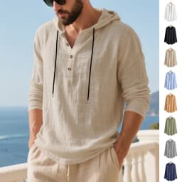 Spring Summer Linen Hooded Men's Long Sleeve T-Shirt Breathable Beach Henley Base T-Shirt for Men