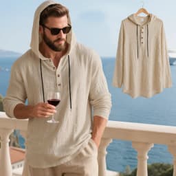 Spring Summer Linen Hooded Men's Long Sleeve T-Shirt Breathable Beach Henley Base T-Shirt for Men