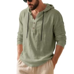 Spring Summer Linen Hooded Men's Long Sleeve T-Shirt Breathable Beach Henley Base T-Shirt for Men