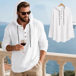 Spring Summer Linen Hooded Men's Long Sleeve T-Shirt Breathable Beach Henley Base T-Shirt for Men
