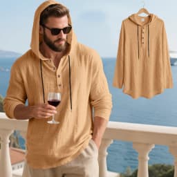 Spring Summer Linen Hooded Men's Long Sleeve T-Shirt Breathable Beach Henley Base T-Shirt for Men
