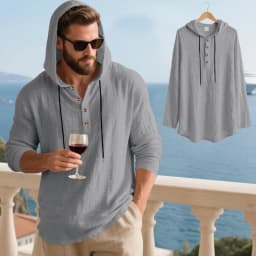 Spring Summer Linen Hooded Men's Long Sleeve T-Shirt Breathable Beach Henley Base T-Shirt for Men