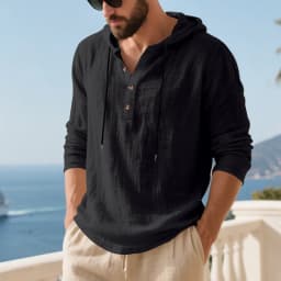 Spring Summer Linen Hooded Men's Long Sleeve T-Shirt Breathable Beach Henley Base T-Shirt for Men