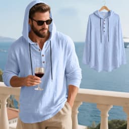 Spring Summer Linen Hooded Men's Long Sleeve T-Shirt Breathable Beach Henley Base T-Shirt for Men