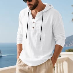 Spring Summer Linen Hooded Men's Long Sleeve T-Shirt Breathable Beach Henley Base T-Shirt for Men