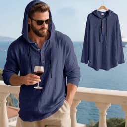 Spring Summer Linen Hooded Men's Long Sleeve T-Shirt Breathable Beach Henley Base T-Shirt for Men