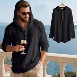 Spring Summer Linen Hooded Men's Long Sleeve T-Shirt Breathable Beach Henley Base T-Shirt for Men